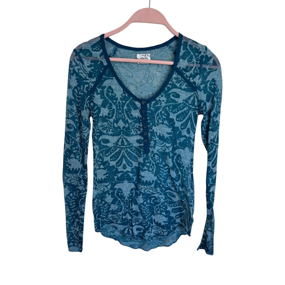 Intimately Free People Sheer Henley Top Sz Small Blue Damask Burnout Long Sleeve